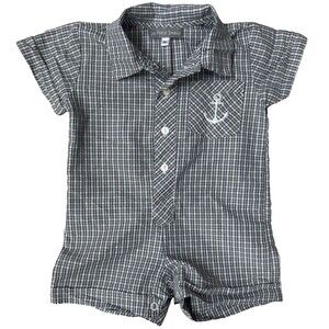 Les Petits Soleils 9M Boy Nautical/Anchor Neutral Gray Plaid Romper 100% Cotton
